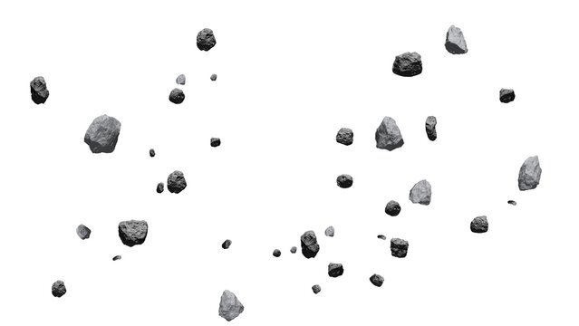Asteroid Rocks Flying in Zero Gravity Space, 3D Render Isolated on Transparent Background