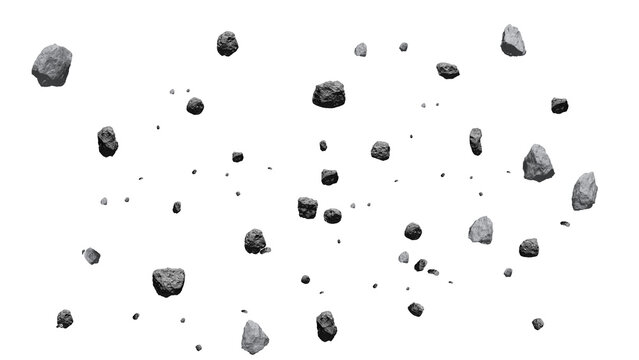 Flying Asteroid Rocks and Boulders in Zero Gravity, Isolated on Transparent Background