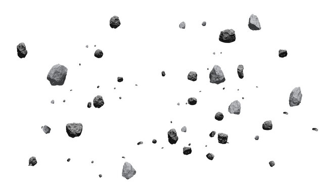 Dark Stone Debris Field Floating in Air, Asteroid Rock 3D Render Isolated
