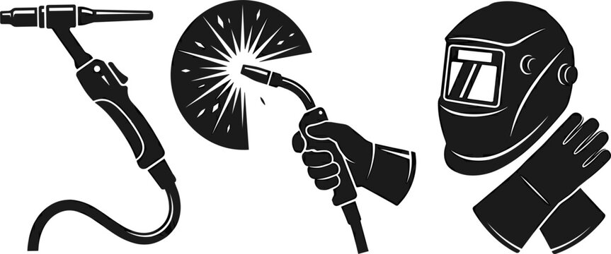 Industrial Welding Equipment Black Silhouette Icon Set Featuring TIG Torch MIG Welder Hand with Sparks Protective Mask and Safety Gloves