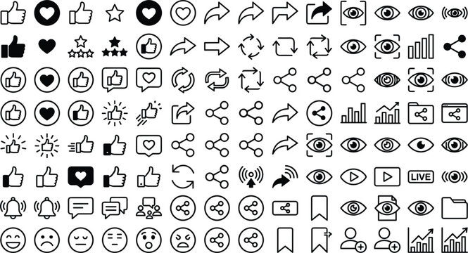 Social media icons set with like love share buttons views followers marketing analytics outline elements vector collection