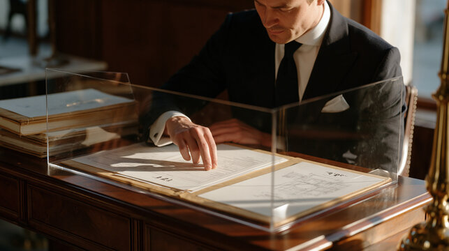 Intellectual property litigation attorney reviewing confidential trade secret documents behind clear acrylic document protectors on mahogany desk with sealed court exhibits