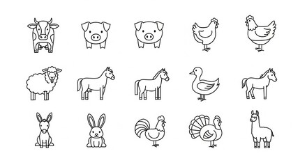 Fototapeta premium Set of Minimalist Farm Animal Line Art Icons Including Cow Pig Chicken Sheep Horse Duck Rabbit Turkey and Llama