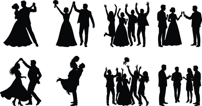 Wedding Celebration Silhouette Collection with Couples Guests and Party Scenes