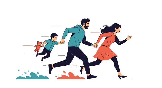 Father, mother, and child running very quickly as if in a hurry against a white background with stylized motion lines.