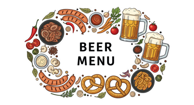 Beer menu layout with a circular border of sausages, pretzels, beer mugs, and various snacks on a white background.