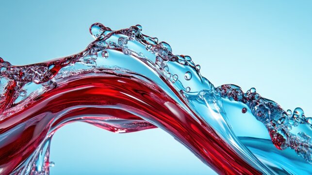 Clear image of red and blue liquids splashing against light blue background