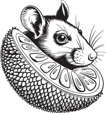 A detailed illustration of a mouse peeking out from a pineapple shell on a white background