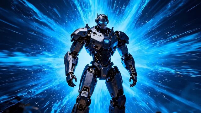Large humanoid robot with blue eye light in dynamic blue energy background