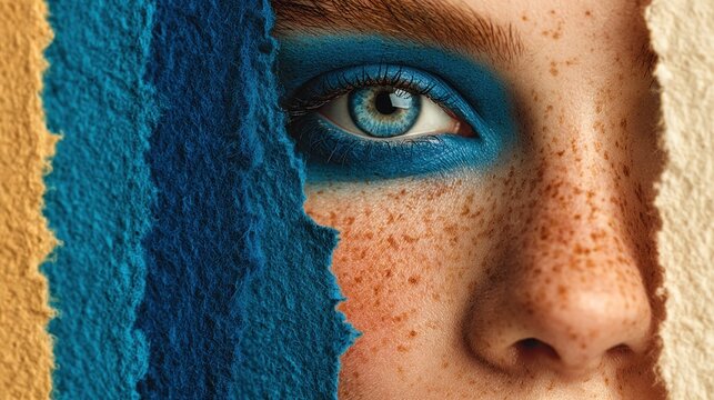 Woman with blue eyes and freckles on her face portrait