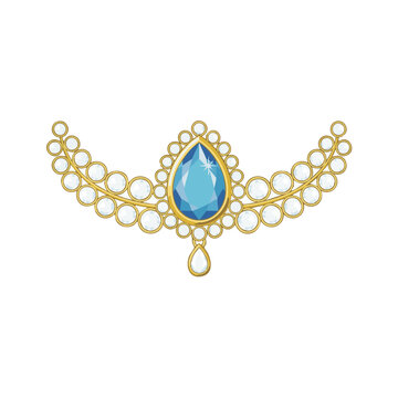 A gold necklace with a large blue gemstone and white stones on a white background