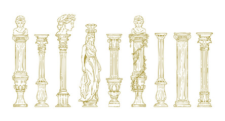 Naklejka premium Greek column illustration set, hand drawn Roman pillar doodle, ancient stone classic statue decor. Marble temple doric pedestal exterior design element, antique architecture museum Greek column art
