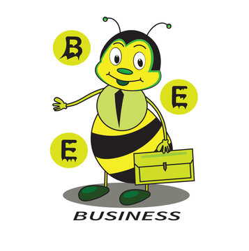 Cartoon illustration of a bee wearing a tie and carrying a briefcase, symbolizing the concept of "Business Bee". This character appears friendly with the text "BUSINESS" and the letters "B-E-E" in tht