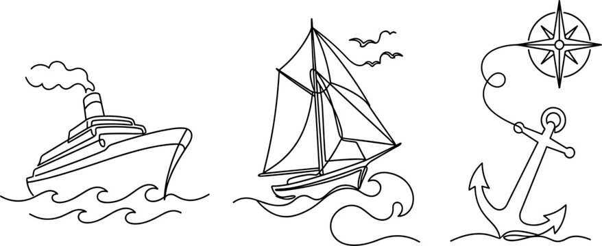 Continuous Line Art Maritime Travel Icon Set Featuring Steamboat Sailing Yacht Ocean Waves Nautical Anchor and Compass Rose Design Elements