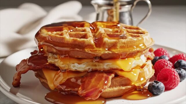 A stack of waffles with bacon, cheese, and syrup on a plate with berries