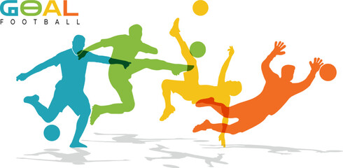 Colorful football player silhouettes in dynamic action poses on a light background, featuring blue, green, yellow, and orange tones. Modern sports illustration ideal for banners, posters, websites. © hasan