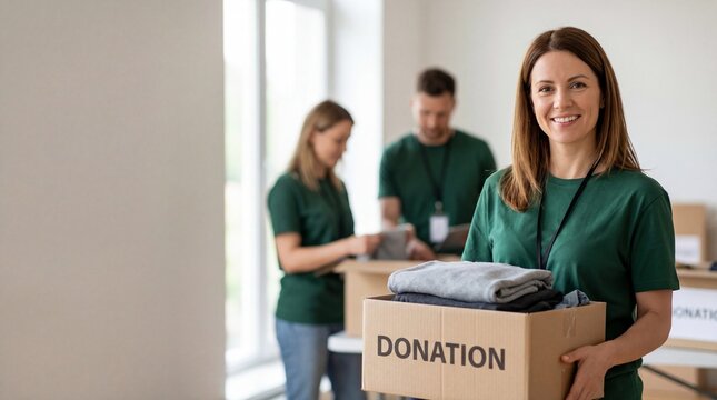 Volunteers collecting donations for shelter in donation center