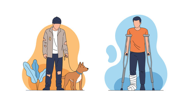 Comparison of two different men where one is a homeless person with a dog and the other is an injured man walking on crutches.