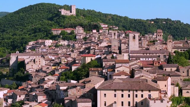 Narni Medieval Town Aerial slow drone footage  Umbria Italy Historic Hilltop town and Rocca Albornoziana Fortress Nestled on Rocks Scenic Green Hills Landscape Authentic italian borgo