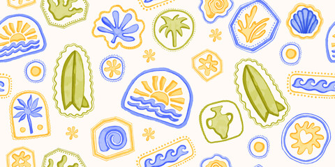 Fototapeta premium Summer watercolor seamless pattern, coastal paradise background hand drawn repeat ocean texture. Tropical collage print vintage banner Mediterranean decoration textile design. Summer pattern wallpaper