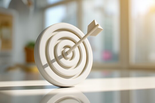 Achievement symbolized by bullseye with perfectly placed arrow in modern setting