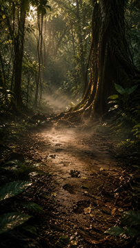 Narrow rainforest trail glowing with warm sunbeams through thick tropical trees .generative AI