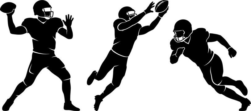 American Football Player Silhouette Set Featuring Quarterback Throwing Pass Wide Receiver Catching Ball and Running Back Action Poses for Sports Graphics