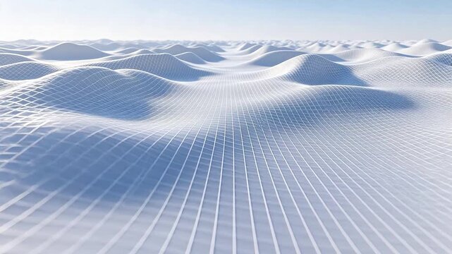 Abstract undulating terrain made of white and light blue digital wireframe mesh