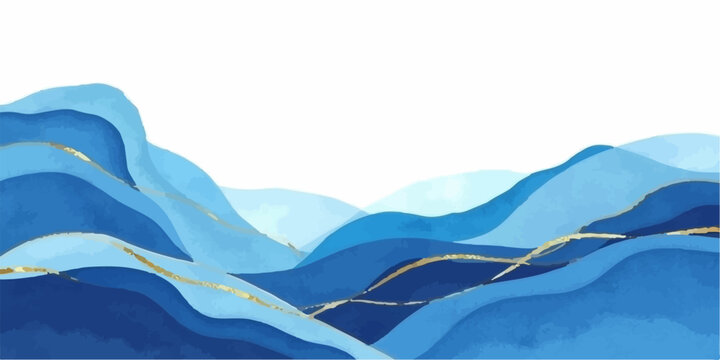 Abstract blue watercolor mountain landscape art with gold metallic line accents on white background hand painted watercolor landscape mountain abstract