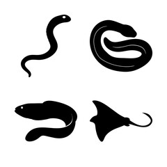 Fototapeta premium Black snake and ray vector icons - Minimalist black vector icons of a snake and a stingray, stylized for clean and simple use in designs.