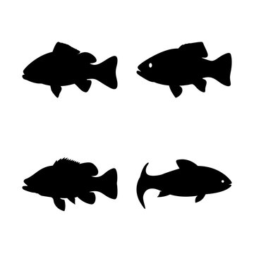Four black fish icons in a row - Simple vector illustration of four stylized black fish icons aligned horizontally for use in designs or presentations.