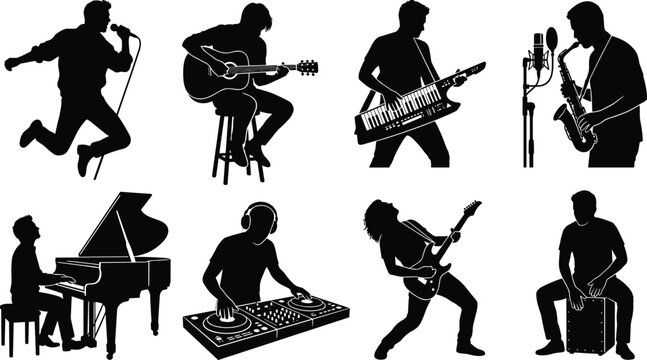Musician Silhouette Collection Featuring Singer Guitarist DJ Pianist and Saxophone Player