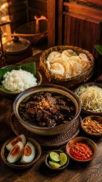 Traditional rawon meal spread with black beef soup, rice, crackers, sambal, and egg .generative AI