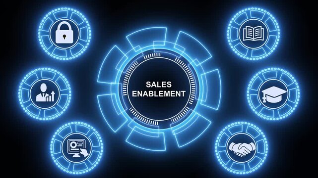 person holding a sales enablement concept with icons.. 4k video animation. 4k video animation