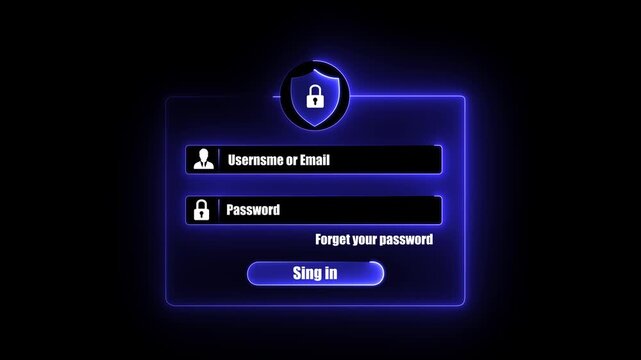 Neon cyan glowing digital sign in form interface animation with username email input field and password box protected by secure padlock shield icon on dark black background for cyber security concep