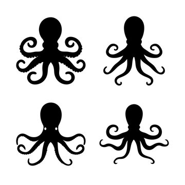 Black octopus icons in simple grid arrangement - Four stylish black octopus icons arranged neatly in a 2x2 grid for clean, modern vector use.