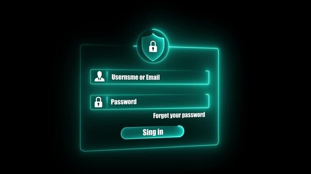 Neon cyan glowing digital sign in form interface animation with username email input field and password box protected by secure padlock shield icon on dark black background for cyber security concep