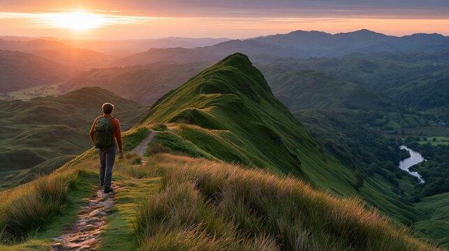Hiker walks on a grassy mountain ridge at sunrise with a winding river below