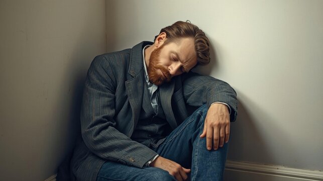 A man with a beard and casual attire sits slumped in a corner against two walls, appearing tired or contemplative.