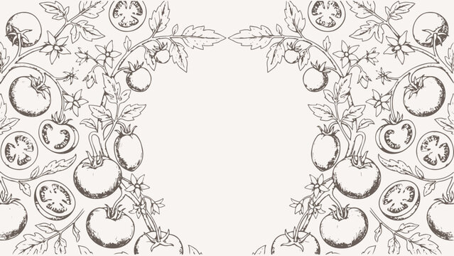 tomatoes with brunch and leaves background, hand drawn ink illustration style, vector file