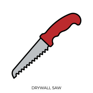 A flat vector illustration of a red-handled drywall saw on a white background.