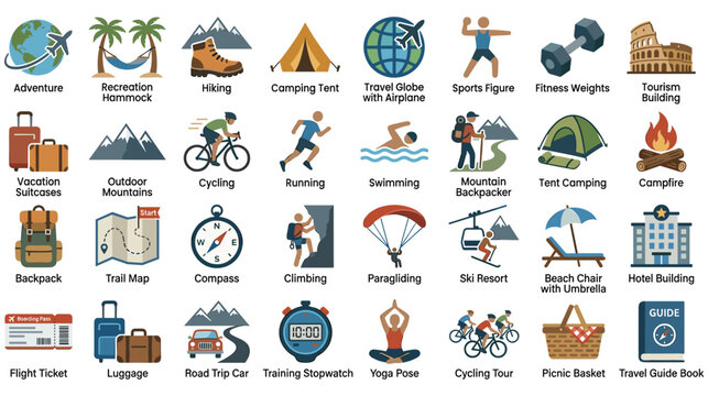 Travel and adventure activity icon set for outdoor recreation and tourism.