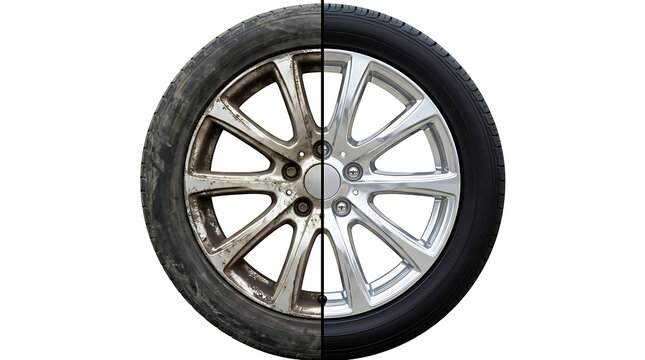Dirty and Clean Car Tire and Alloy Wheel Comparison Isolated on White Background