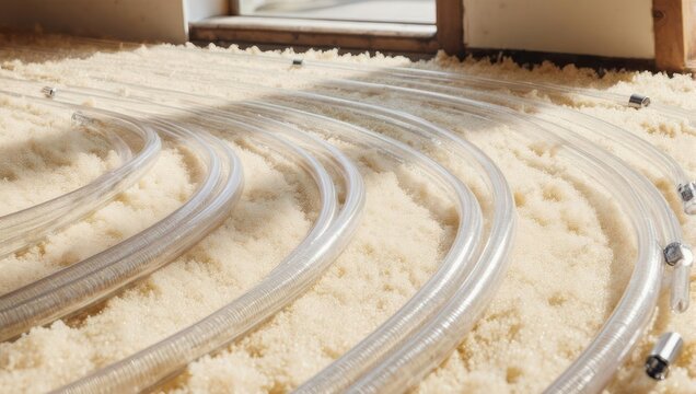 Close-up of clear tubing coiled across a bed of loose, fibrous insulation material