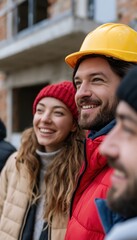 Fototapeta premium First - time homebuyers smiling during house inspection with construction expert