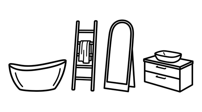 Bathroom furniture outline, bathtub, mirror, ladder, vanity, sink