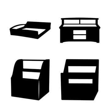 Modern flat pack furniture icons set - Four minimalist icons showing different flat pack furniture pieces like a bed, shelf, drawer, and cabinet in black and white style.