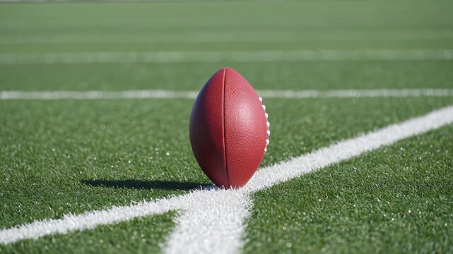 American football, field and ball on turf for competition, sports game and championship. Stadium, grass and yard line with equipment, touchdown and team play for professional league athletic match