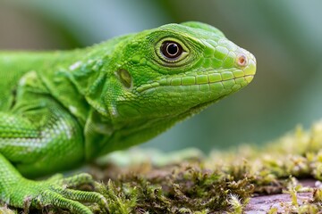 Obraz premium Vibrant green iguana with detailed scales rests on mossy wood in a natural habitat.
