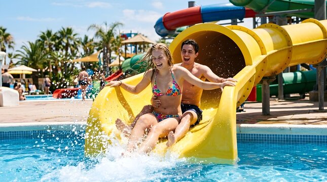 Joyful young couple experiences thrilling descent down a vibrant yellow water slide splashing into pool water at a sunny amusement park during summer vacation fun and recreation